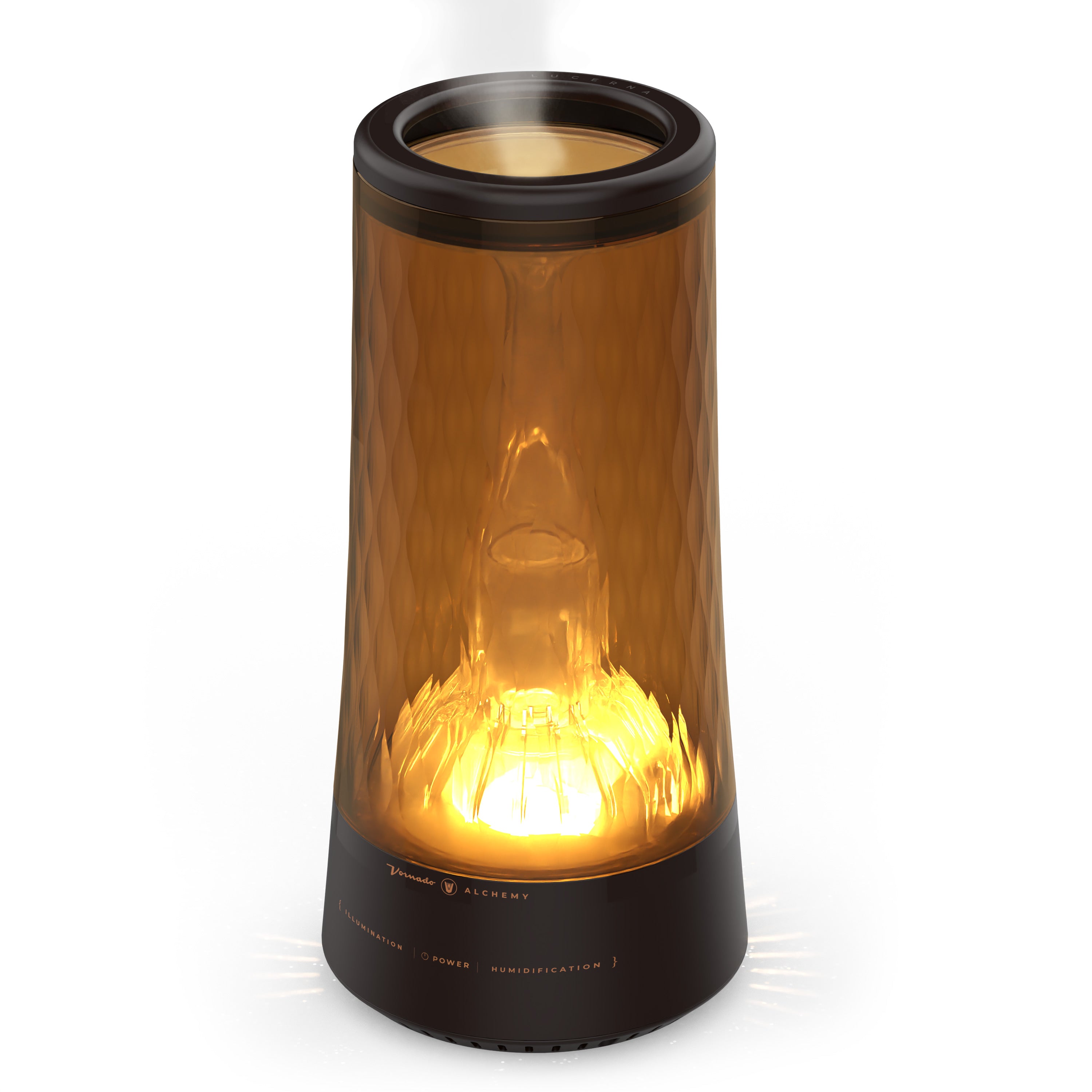 Vornado Lucerna 1 ultrasonic humidifier with an amber translucent tank, dark base and illuminated lower chamber