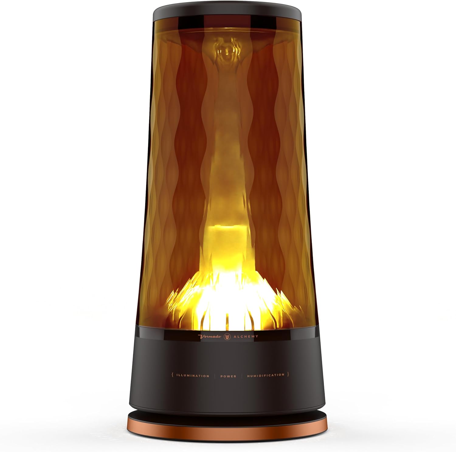 Vornado Lucerna 2 ultrasonic humidifier with a ribbed translucent tank and dark base with copper-colored lower ring