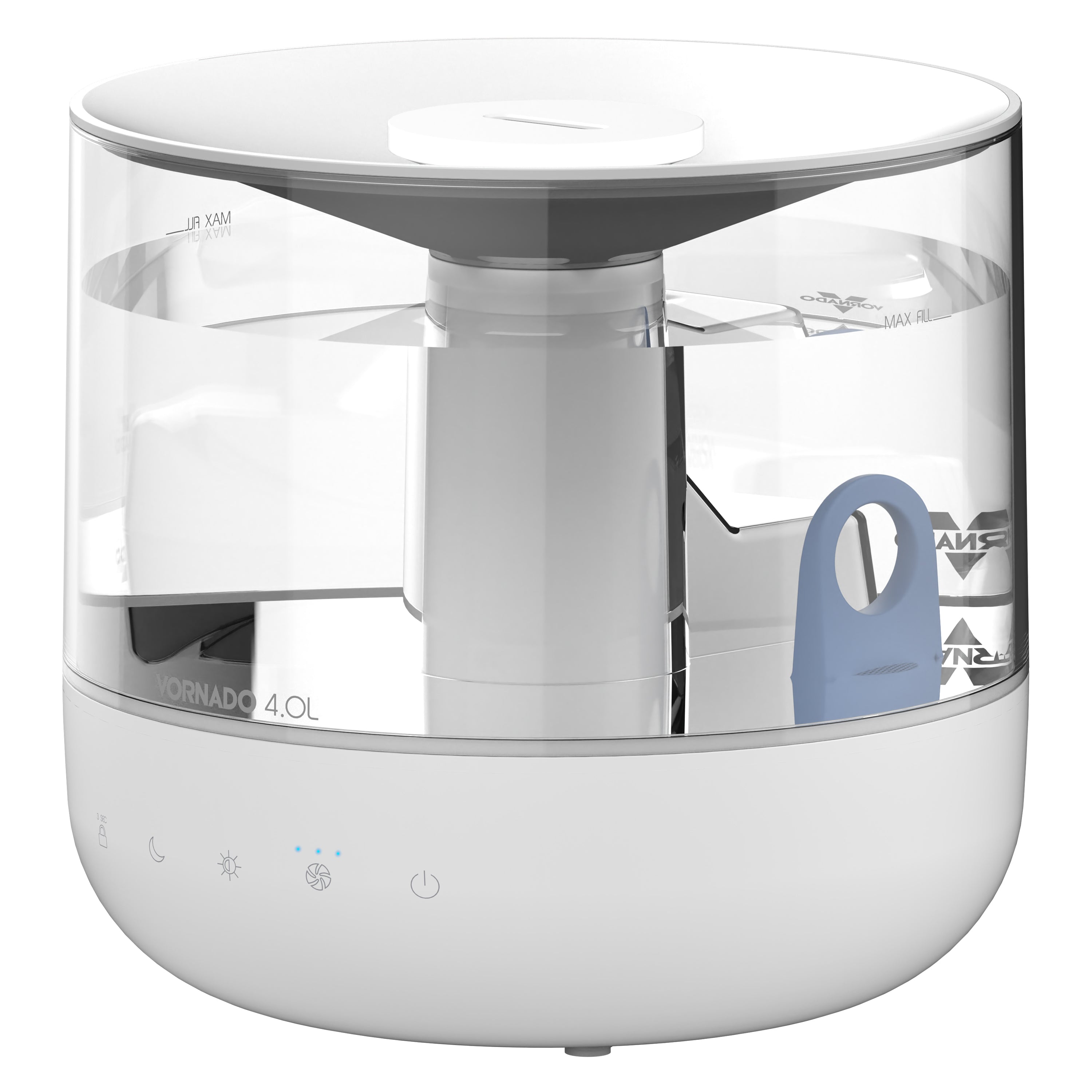 White Vornado MISTIC 4 ultrasonic humidifier with its clear tank, top-fill opening and on-device controls