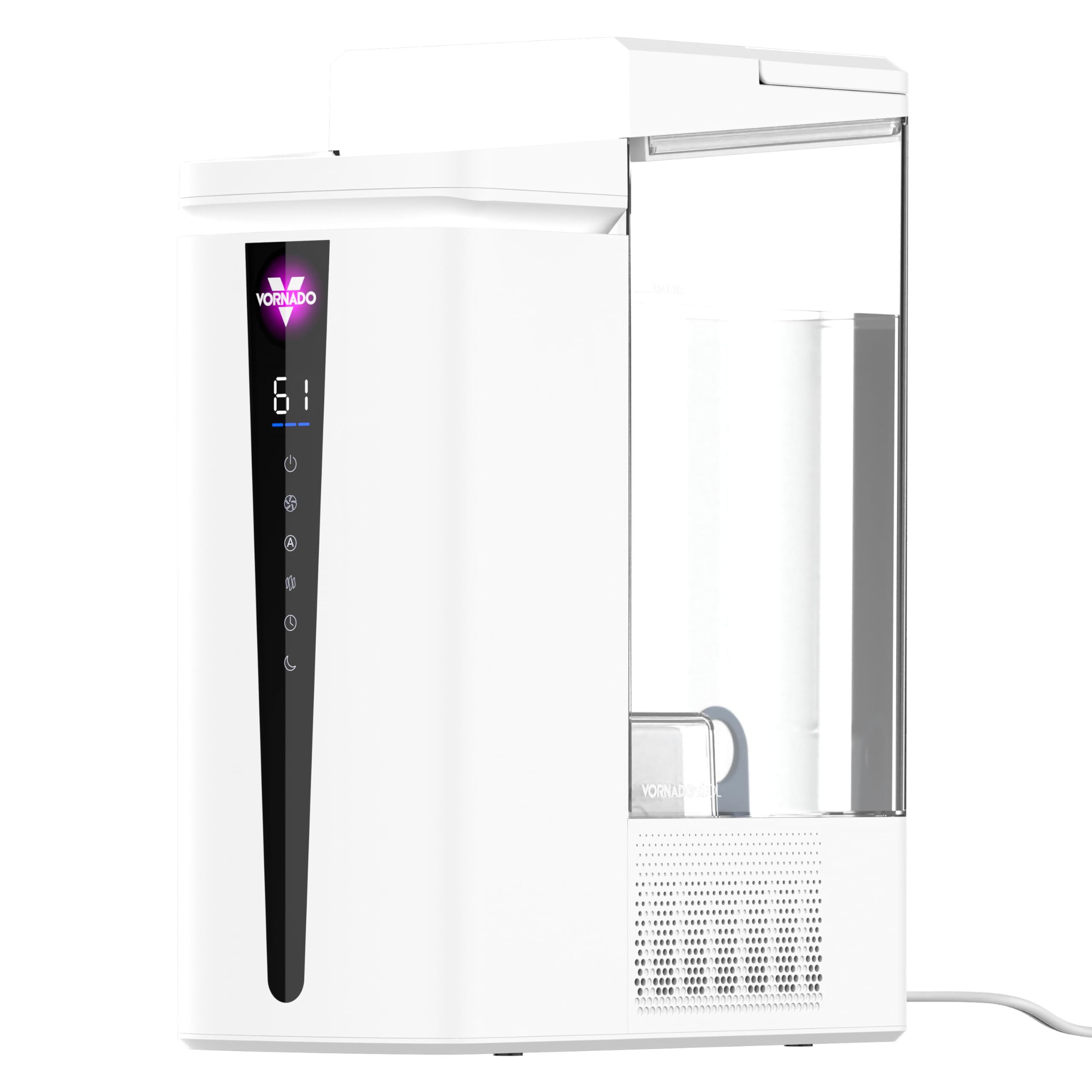 White Vornado MISTIC 6 ultrasonic humidifier with its clear tank, top-fill opening and on-device controls