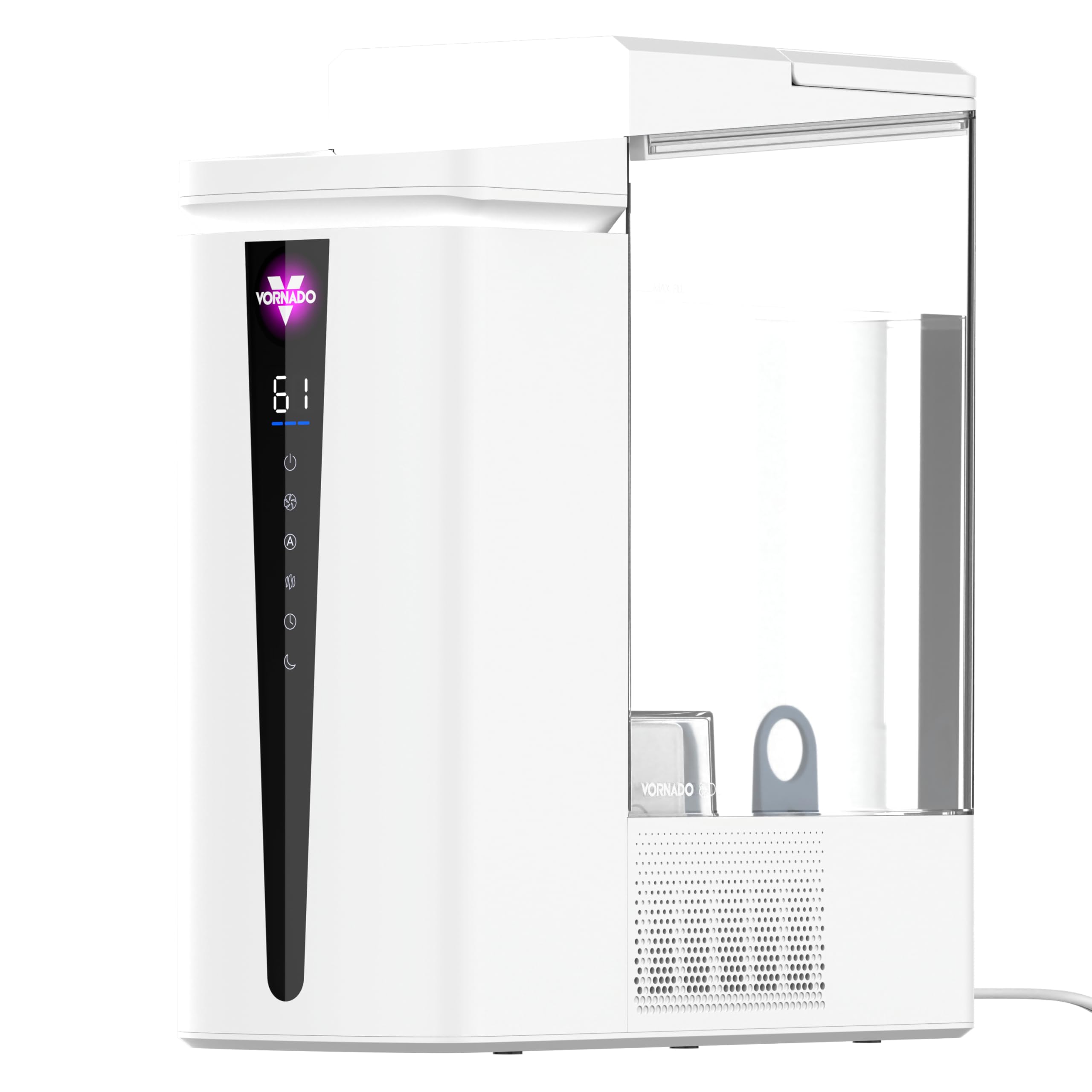 White Vornado MISTIC 8 ultrasonic humidifier with its clear tank, top-fill opening and on-device controls