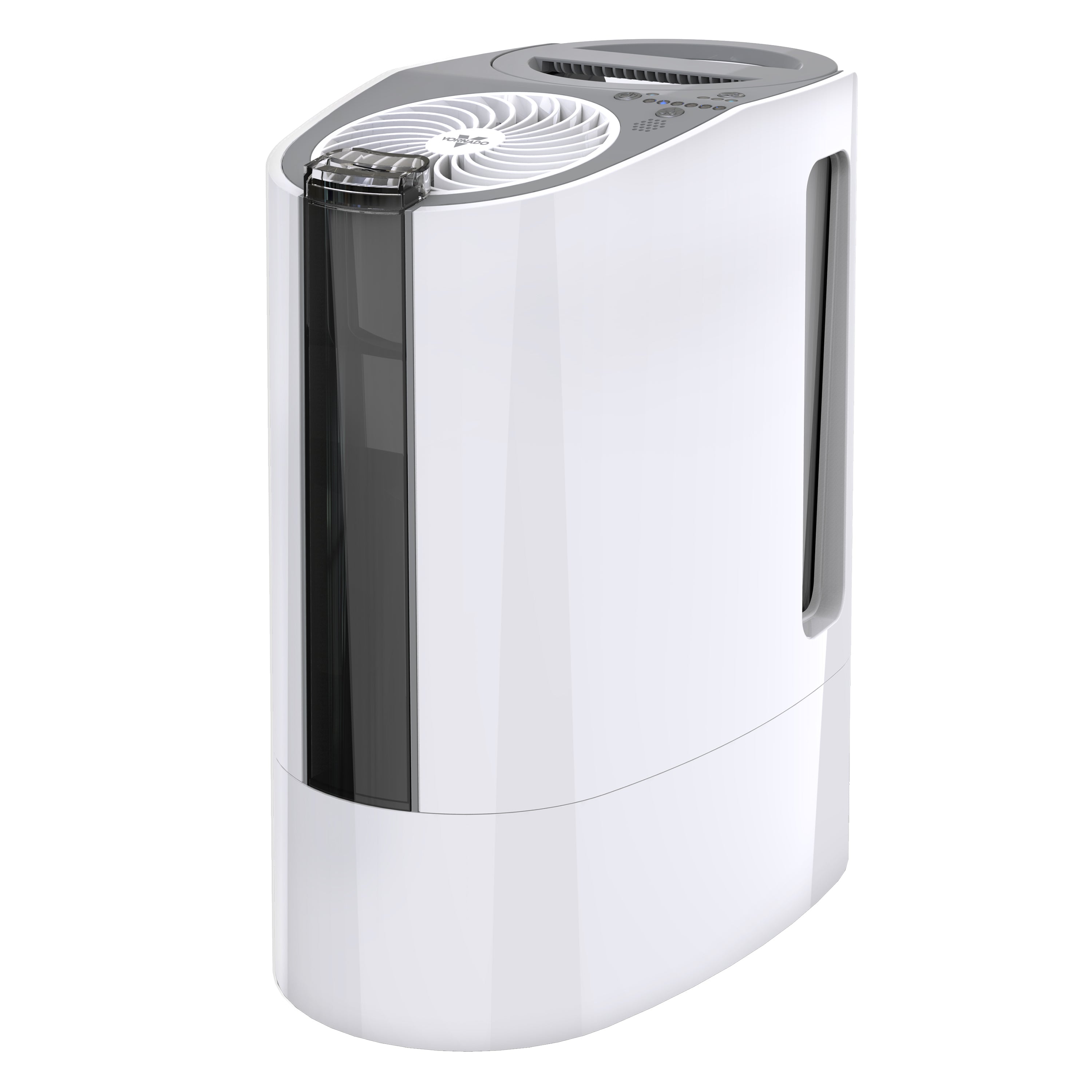 White and gray Vornado UH100 ultrasonic humidifier with top outlet grille, push-button controls and vertical water-level window