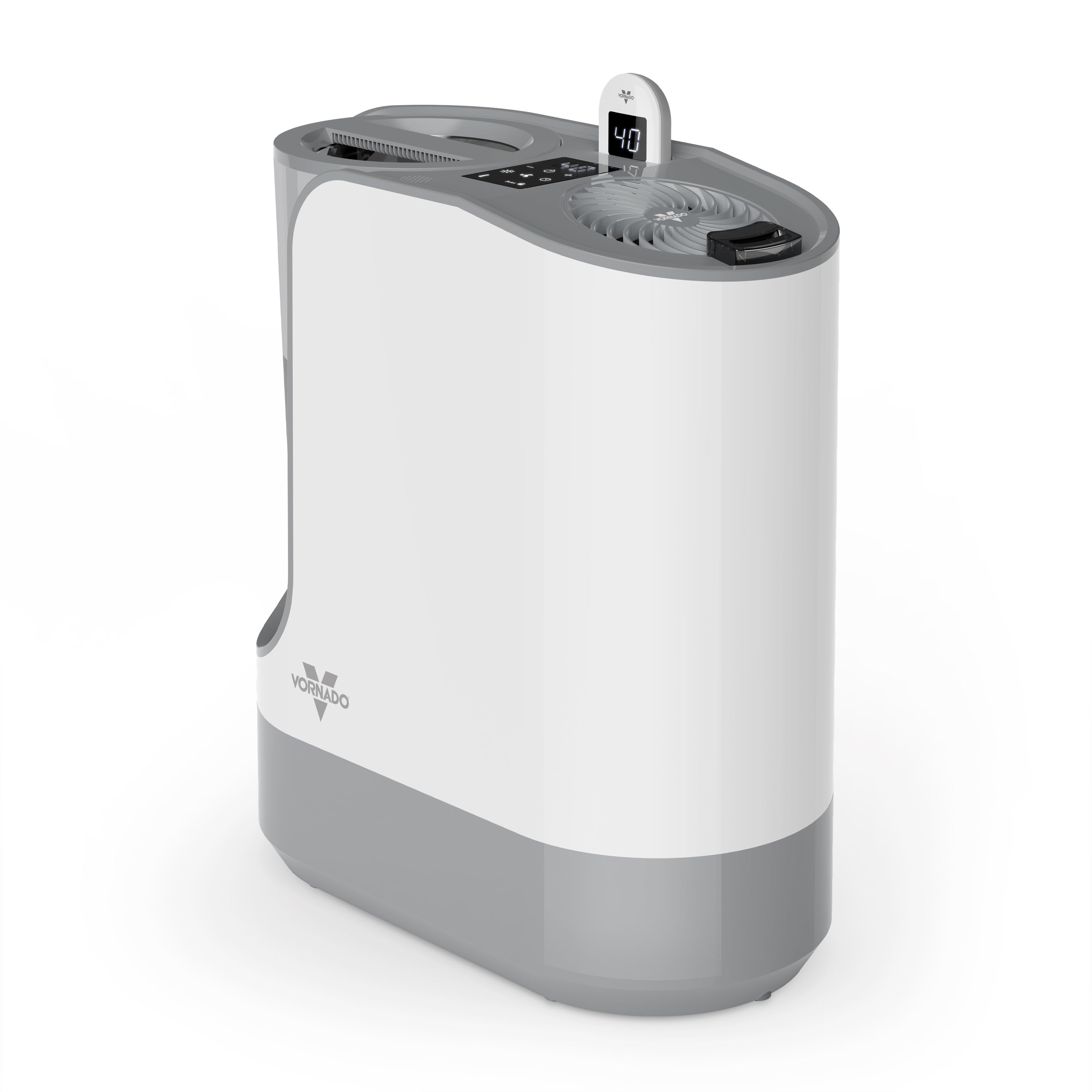 White and gray Vornado UH200 humidifier with its top controls, outlet grille and visible remote display