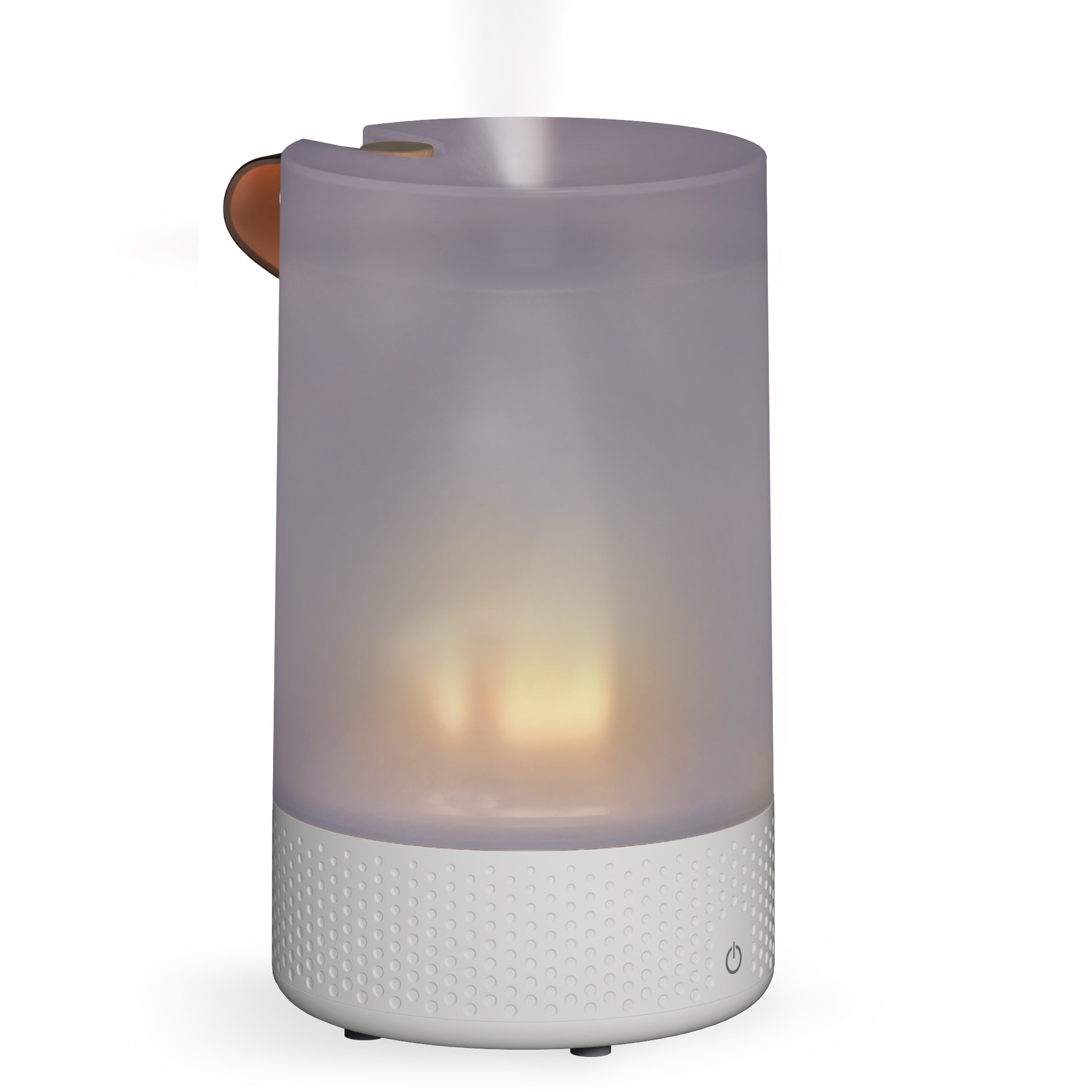 Translucent cylindrical Vornado Votiv 7 ultrasonic humidifier with a softly glowing amber base light and single touch-control mark